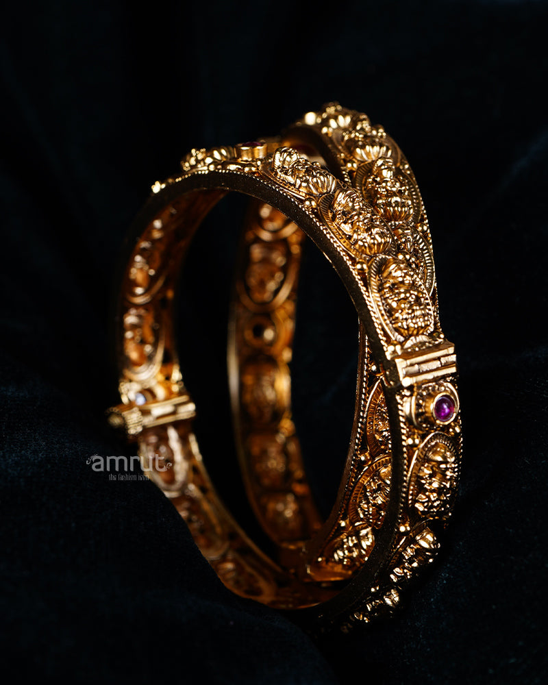 Gold-Toned Filigree Bangle Set with Ruby Gemstones