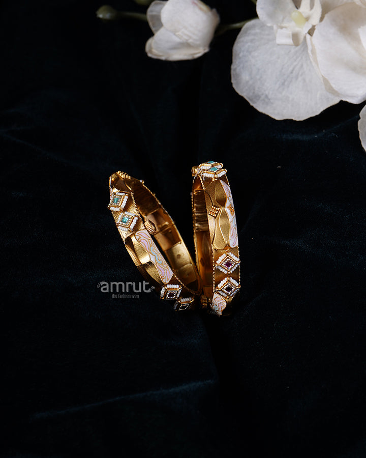 Gold Toned Bangle Set with Gemstones and Enamel Inlay