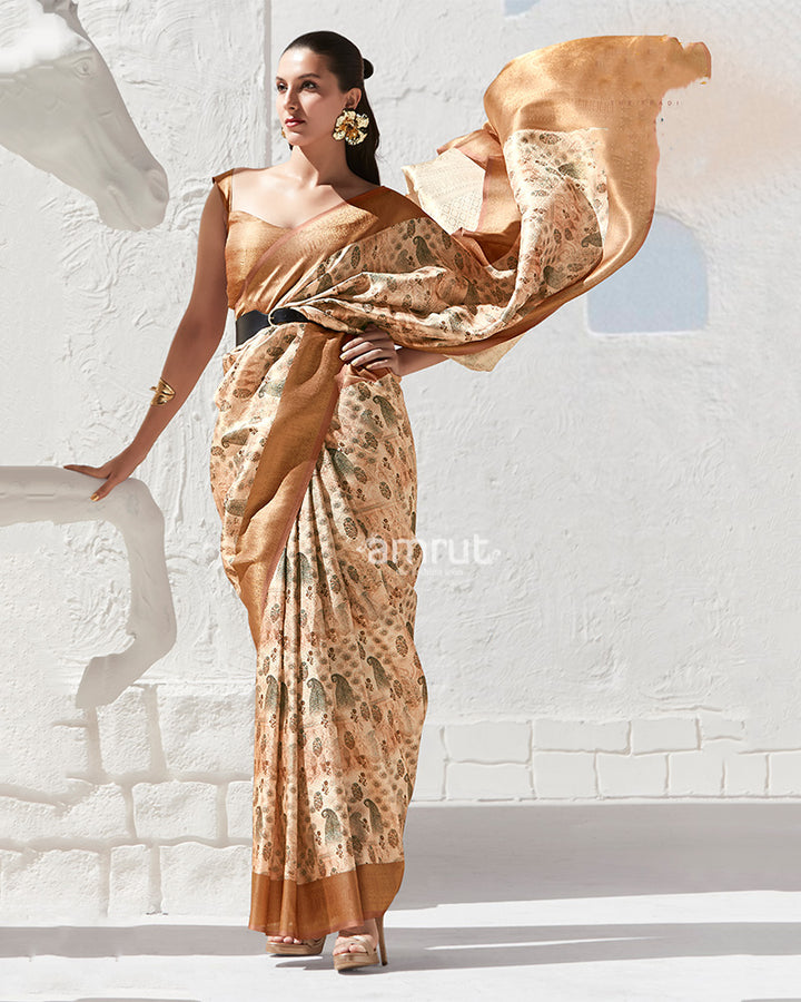 Golden Floral-Print Light Beige Silk Saree with Unstitched Blouse