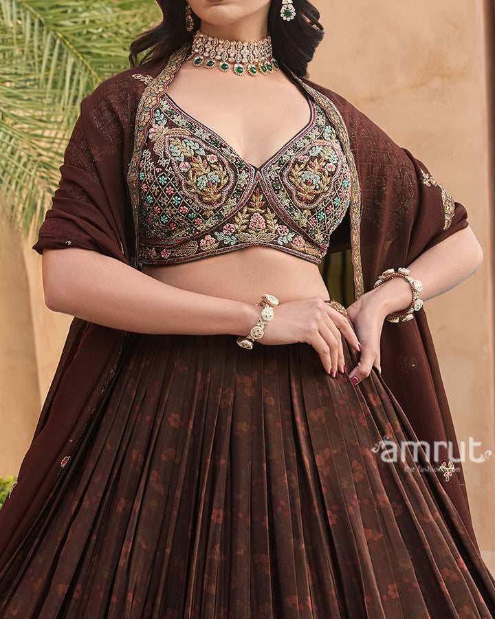 Brown Pleated Lehenga Choli with Intricate Embroidery and Matching Dupatta