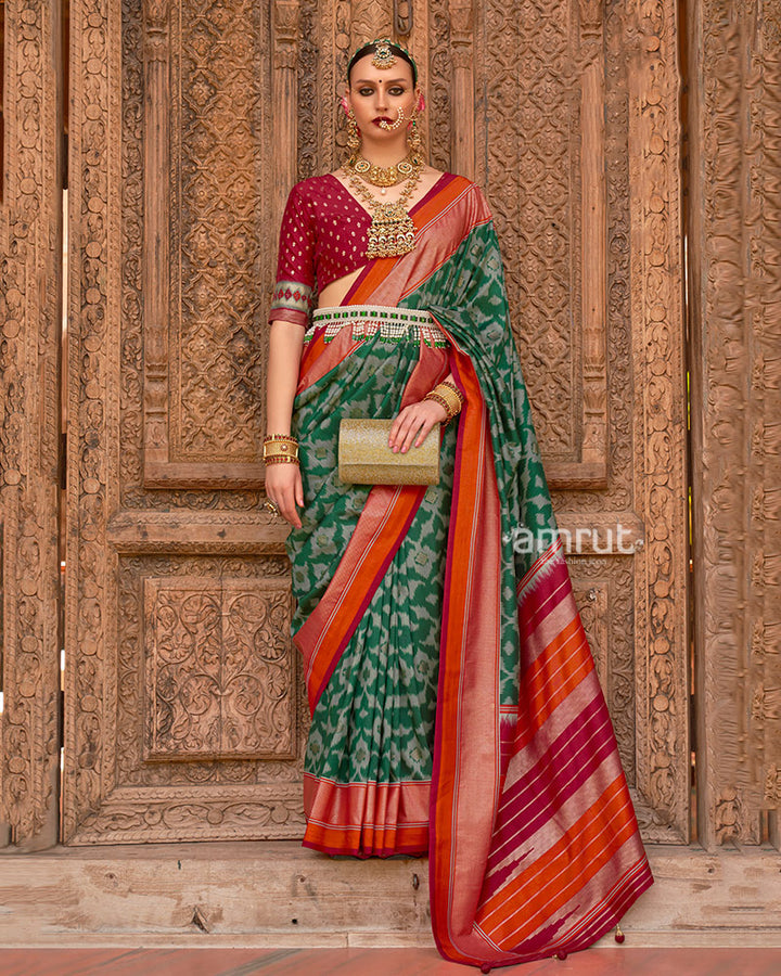 Green Patola Silk Saree with Foil Print & Red-Orange Border with Unstitched Blouse