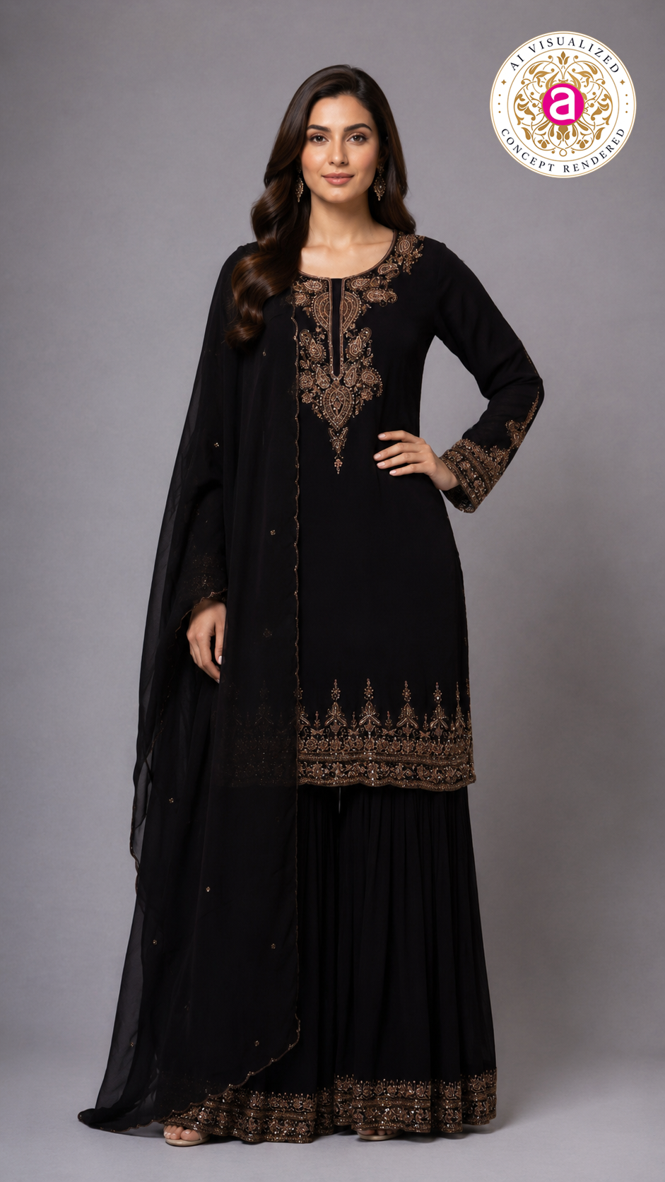 Midnight Black Embroidered Kurta Sharara Set with Dupatta