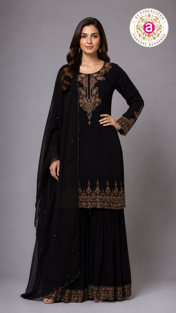 Midnight Black Embroidered Kurta Sharara Set with Dupatta