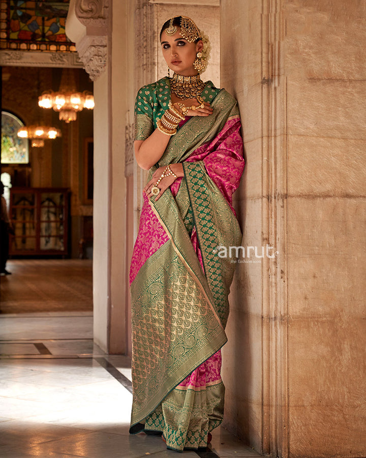 Pink and Green Gold-Toned Ethnic Motifs Design Zari Silk Saree with Unstitched Blouse