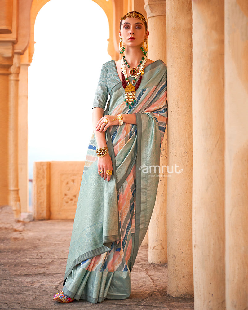 Multicolor Pastel Shades Foil Print Work Silk Saree with Unstitched Blouse