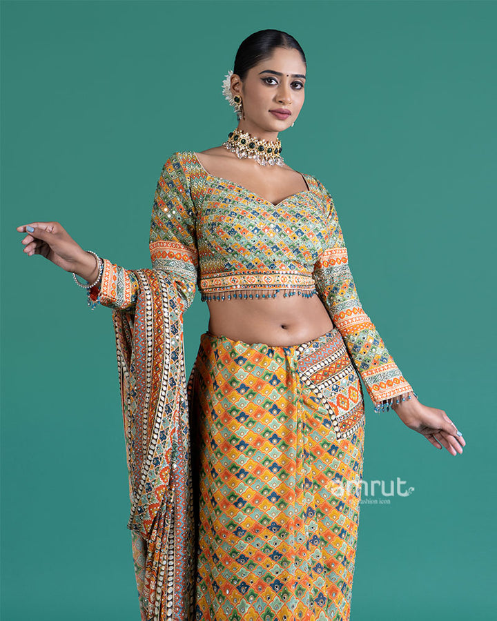 Yellow with Multicolored Mirror Embroidered Saree with Stitched Blouse