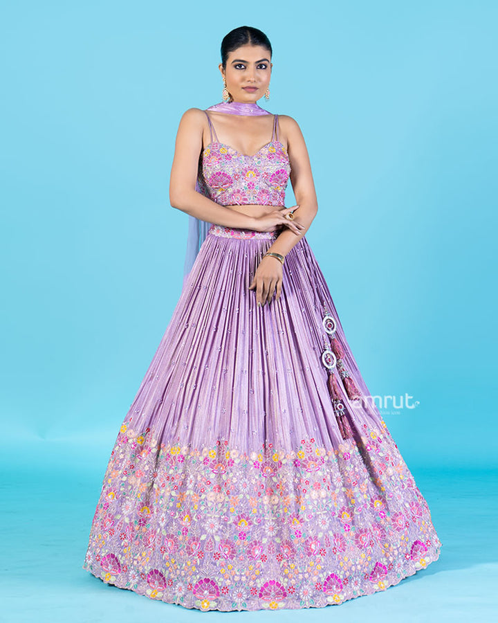 Lavender Floral Embroidered Lehenga Choli with Sheer Dupatta