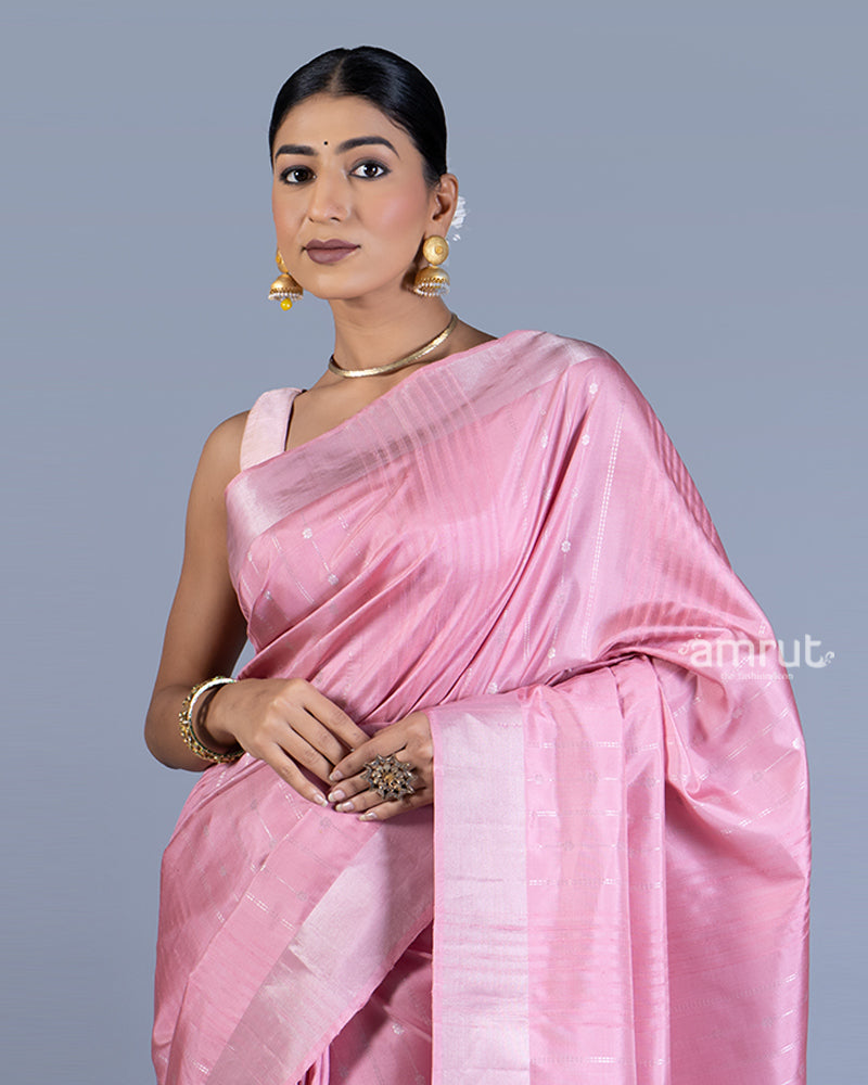 Pastel Pink with Greyish-Pink Stripes Saree with unstitched blouse