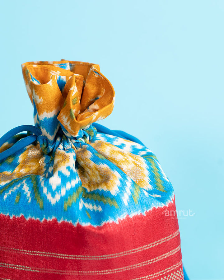 Sky Blue and Red Foil Printed Potli Bag for Women