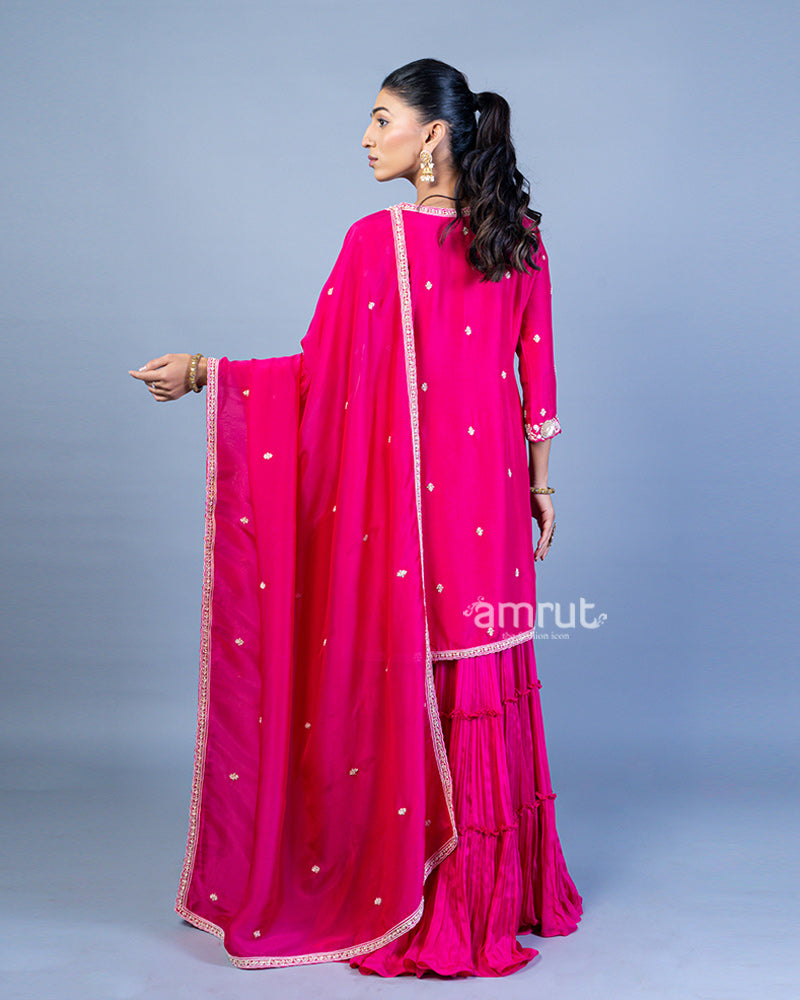 Magenta Pink Embroidered Embellished Kurti with Pleated Sharara Pants and Dupatta