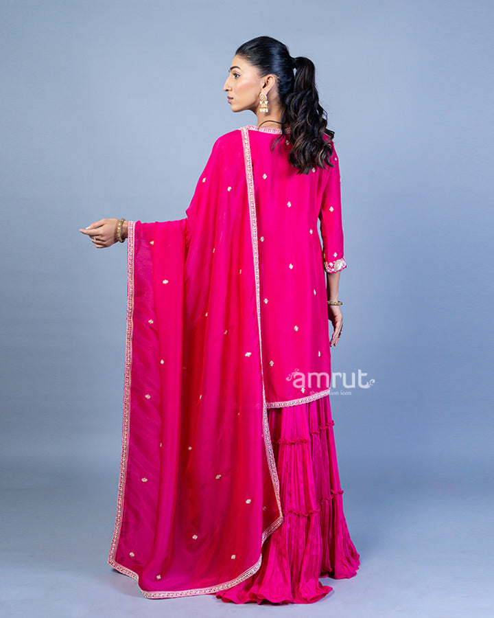 Magenta Pink Embroidered Embellished Kurti with Pleated Sharara Pants and Dupatta