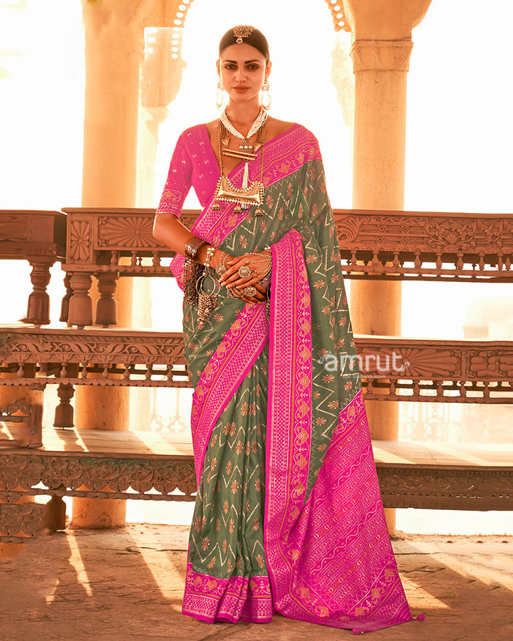 Green Ikat Printed and Pink Contrast Border Patola Silk Saree with Unstitched Blouse