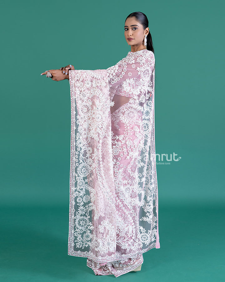 Light Pinkish-Rose Net Saree with White Embroidery and Beaded Long Sleeve Blouse