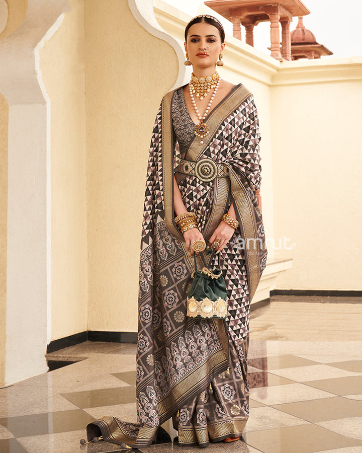 Dark Brown & Cream Geometric Printed Embellished Zari Border Silk Saree with Unstitched Blouse