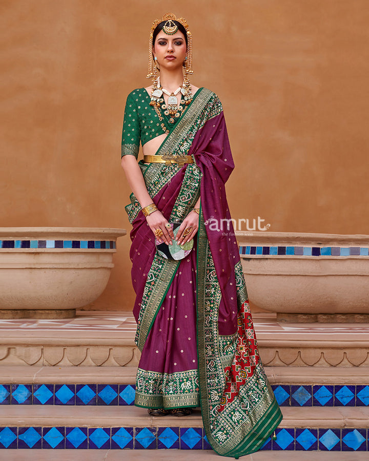 Mulberry Zari Weaving Green Border Saree in Patola Silk with Unstitched Blouse