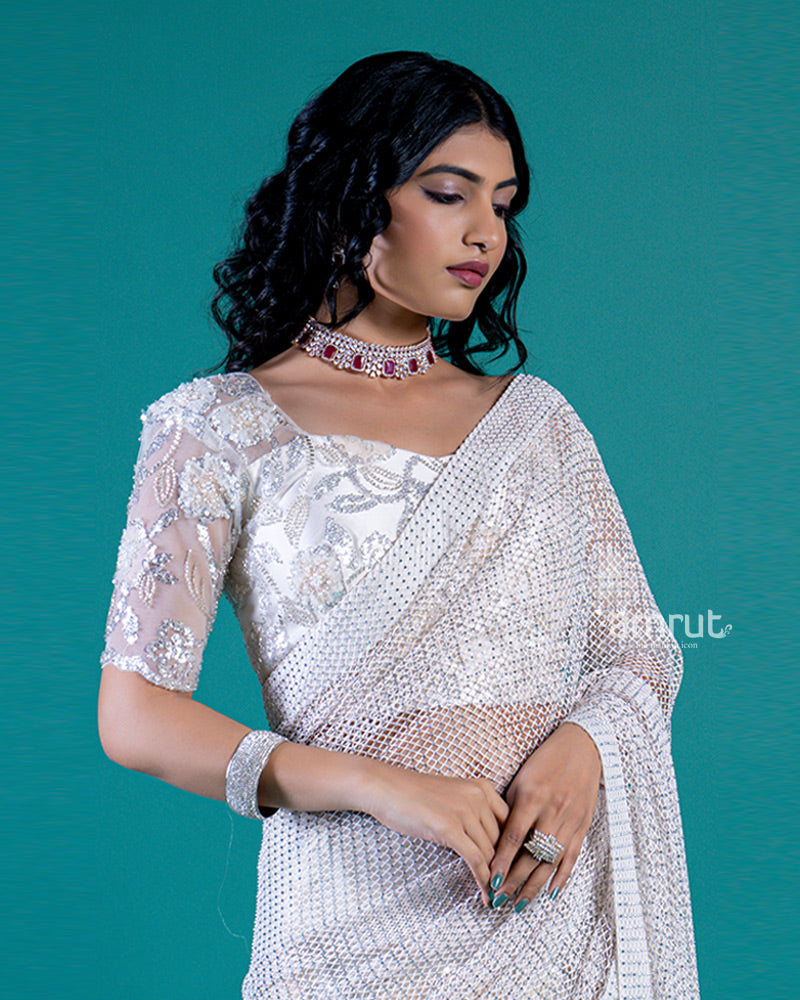 White Saree with Intricate Embroidery, Sequin, and Bead Work