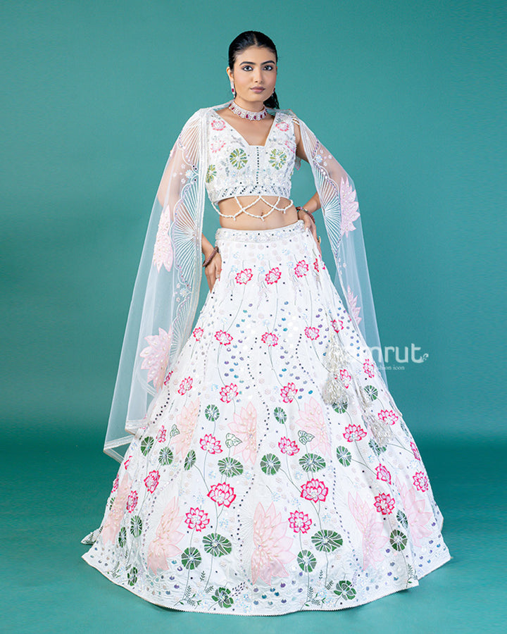 White Embroidered Lehenga with Lotus Design, Sweetheart Neckline Choli, and Sheer Dupatta