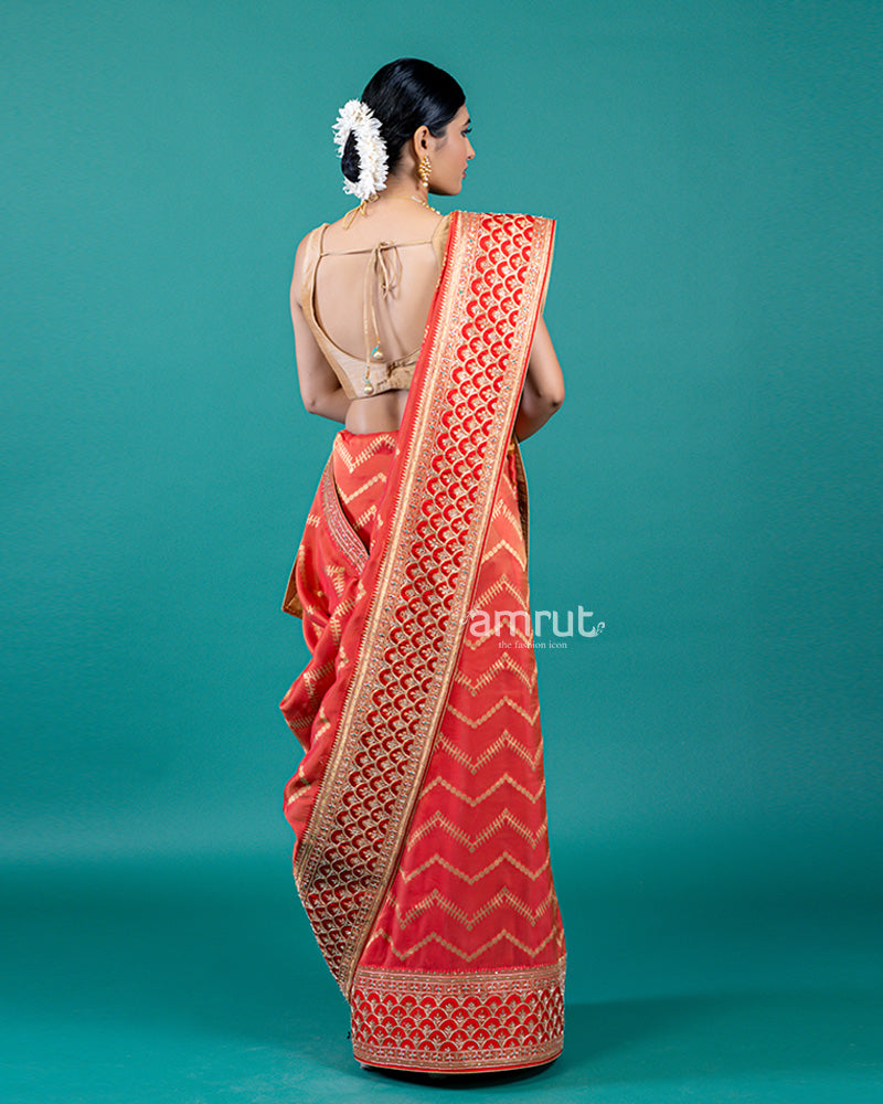 Red Silk Saree with Gota Patti Embellishments and Unstitched Blouse