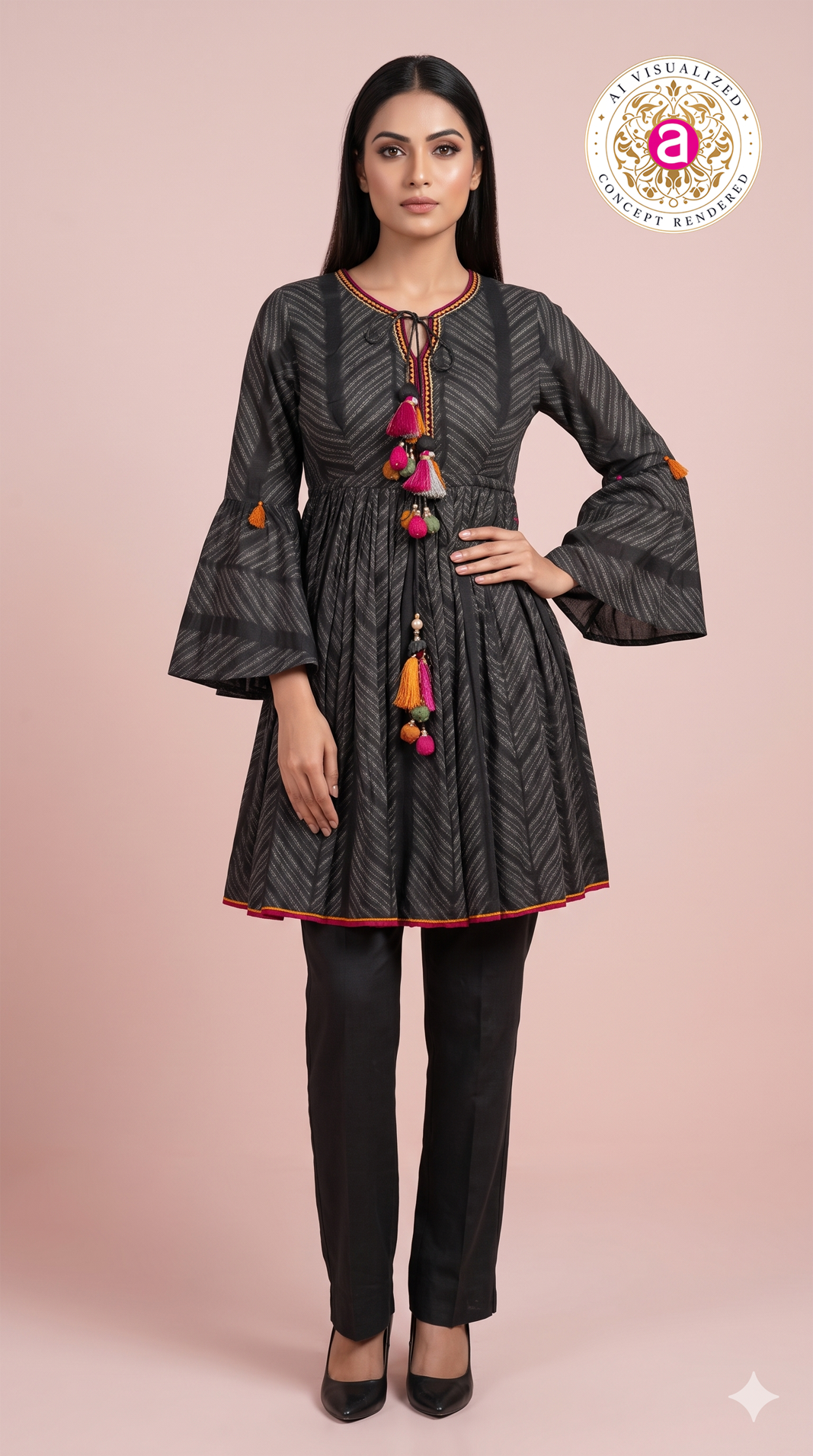 Charcoal Black Printed Peplum Kurti Set