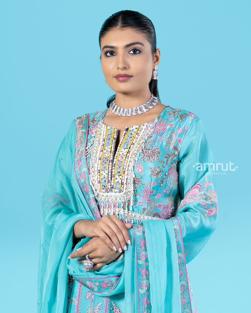 Turquoise Embellished Kameez with Palazzo Pants and Dupatta