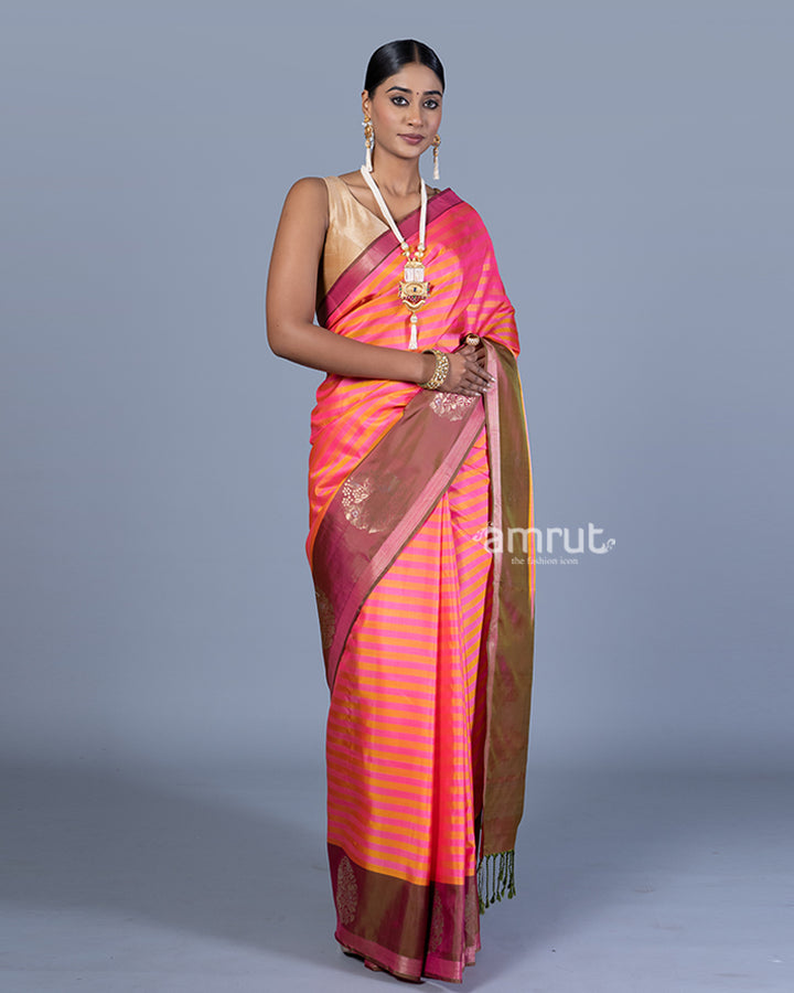 Pink Saree with Muted Yellow Stripes, Coral Tree Shade Border with Unstitched Blouse