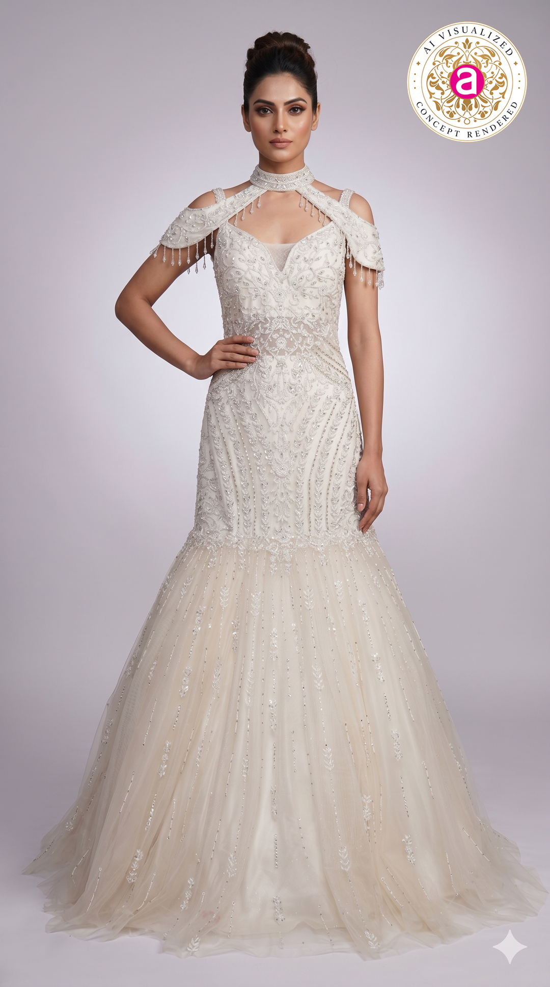 Ivory Pearl Embellished Mermaid Gown with Cold-Shoulder Cape Sleeves