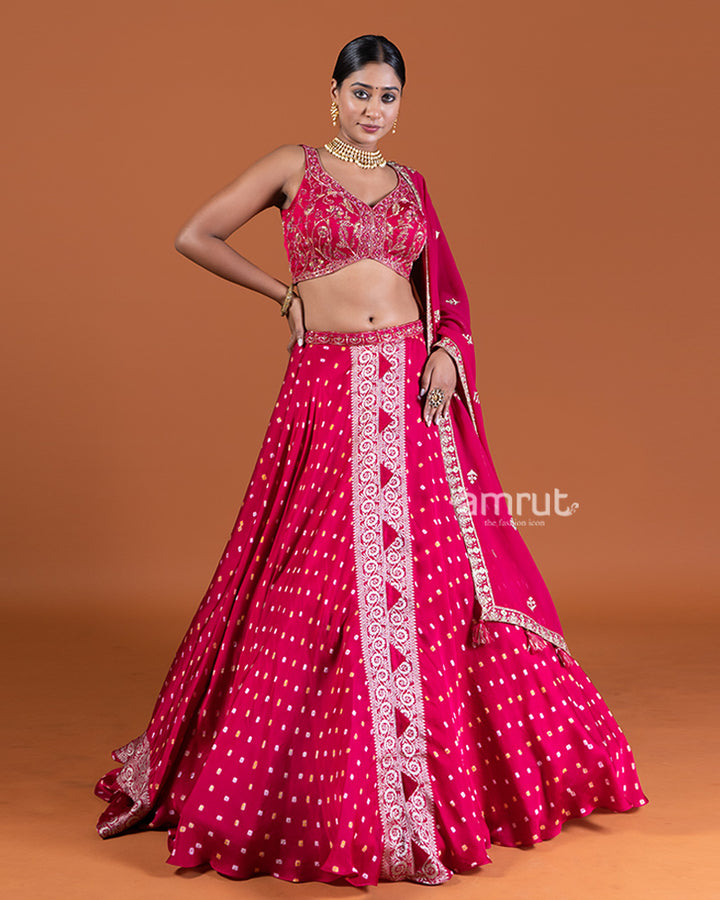 Magenta Pink Bandhani Lehenga with Embroidered Choli and Draped Dupatta