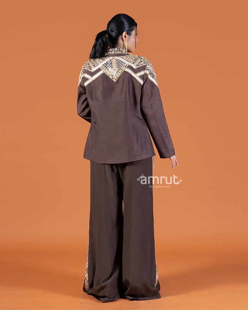 Coffee Crop Top and Pants with Golden Embroidered Embellished Jacket Set