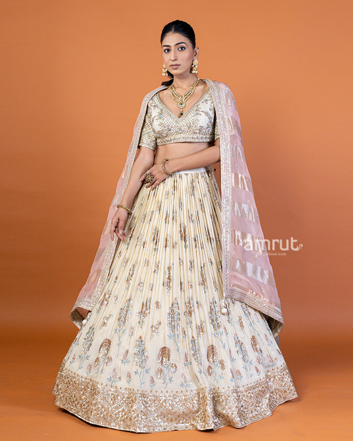 Cream Embellished Lehenga Choli Set with Blush Pink Dupatta