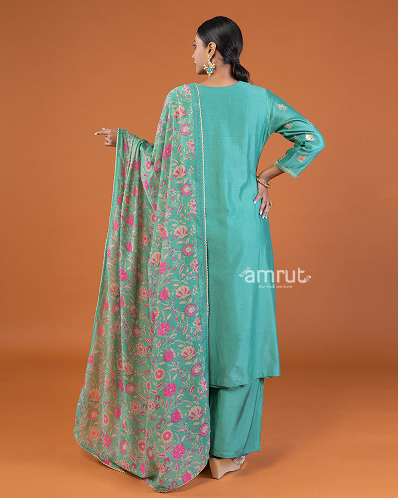 Sky Blue Embroidered Salwar Kameez with Printed Dupatta