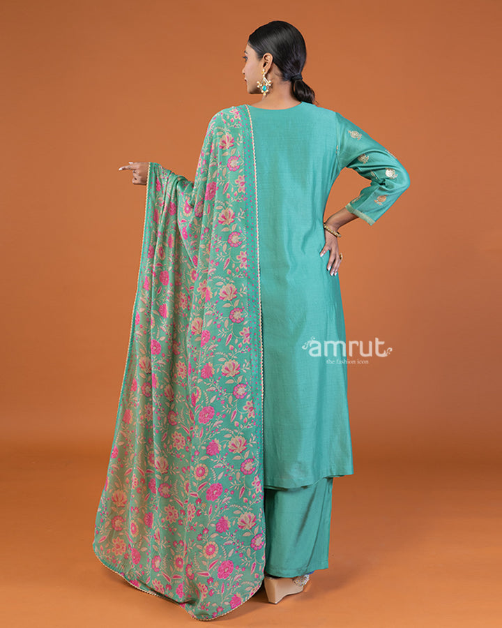 Green Embroidered Salwar Kameez with Printed Dupatta