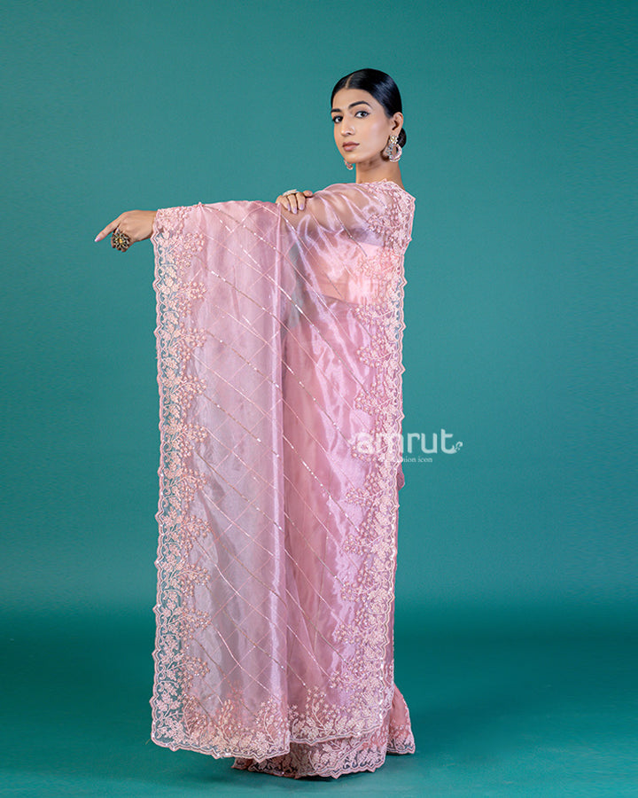 Pastel Pink Designer Organza Saree with Bead Embroidery, Sequin Stripes & Unstitched