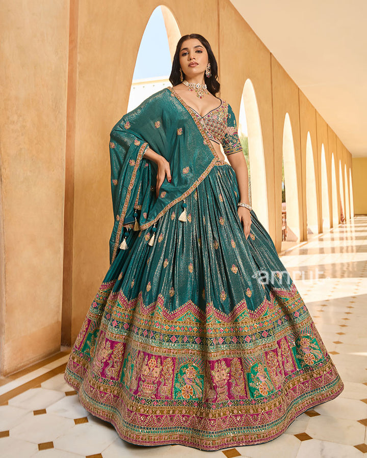 Teal Golden and Pink Embroidery Embellished Lehenga Choli with Matching Dupatta