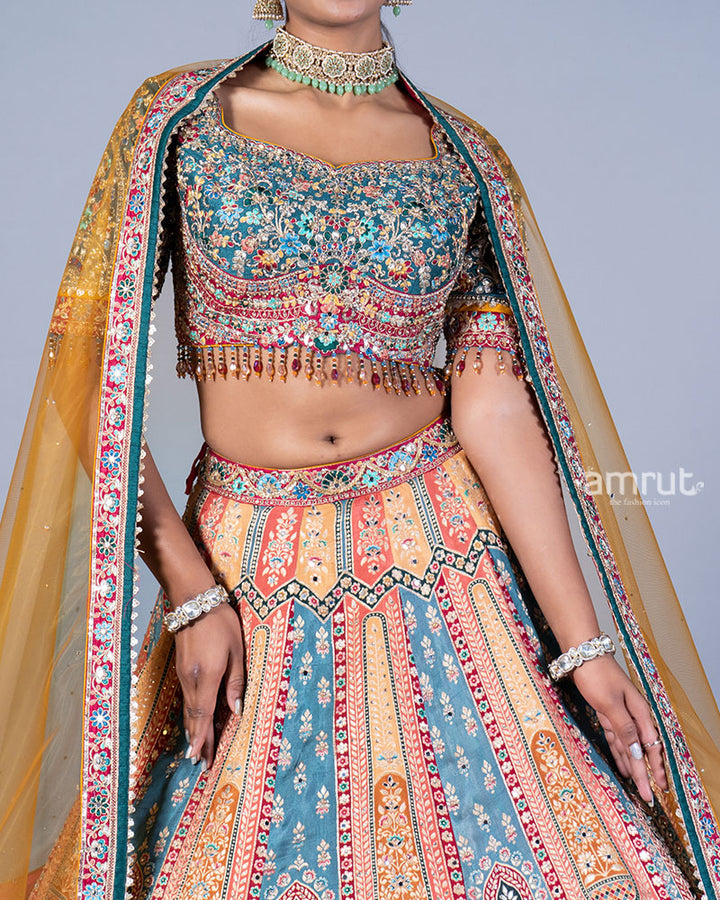 Multi-Colored Embroidered Lehenga and Teal Choli with Ombre Dupatta