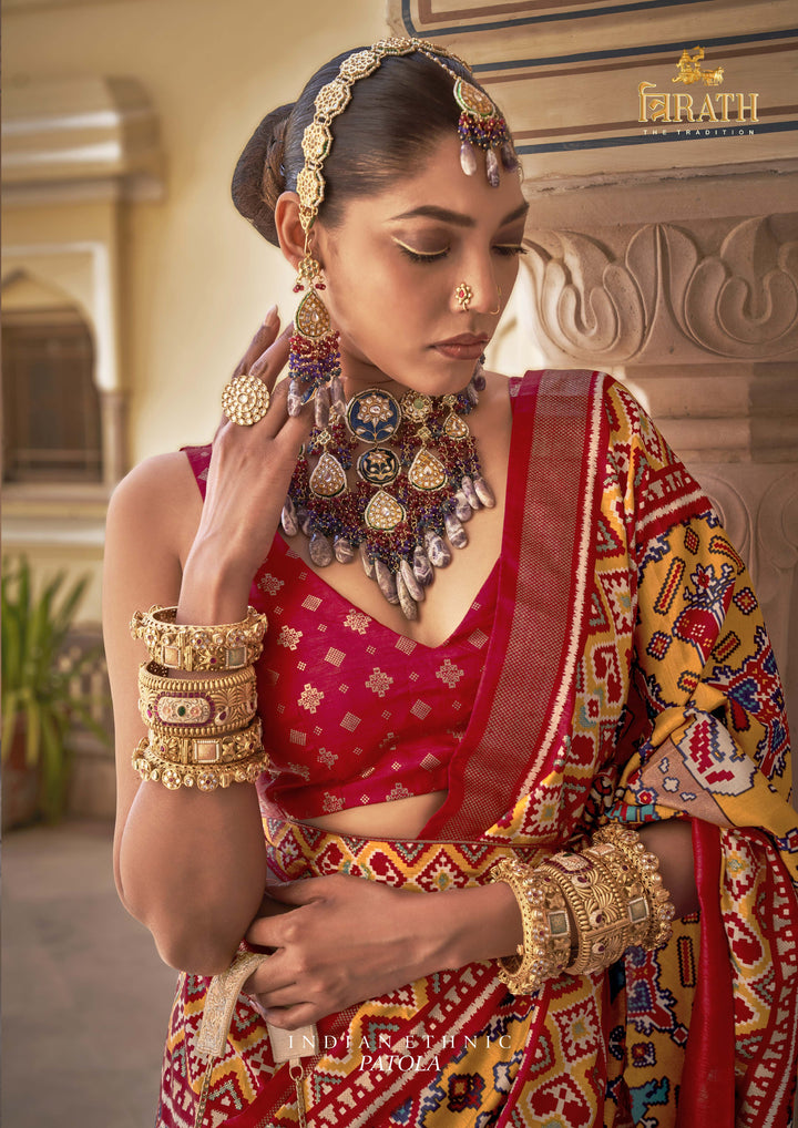 Red & Yellow Patola Silk Saree with Geometric Weaving, Paired with Blouse