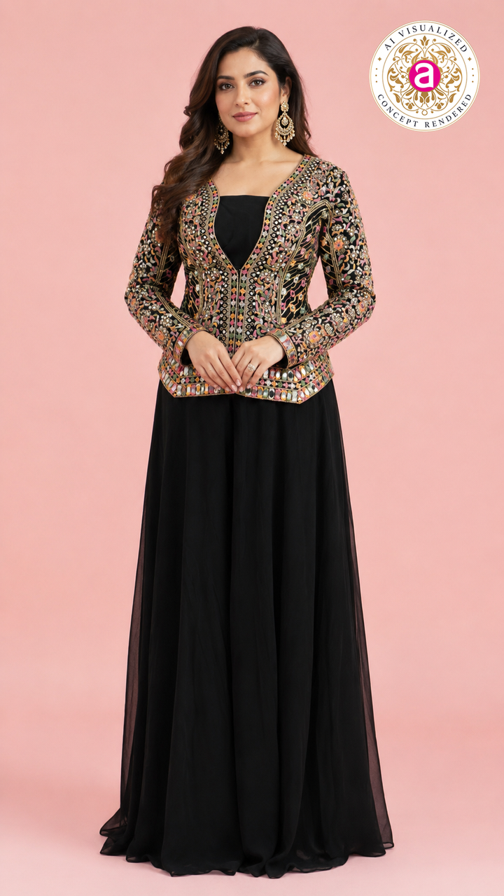 Black Handwork Embroidered Jacket Style Gown Set