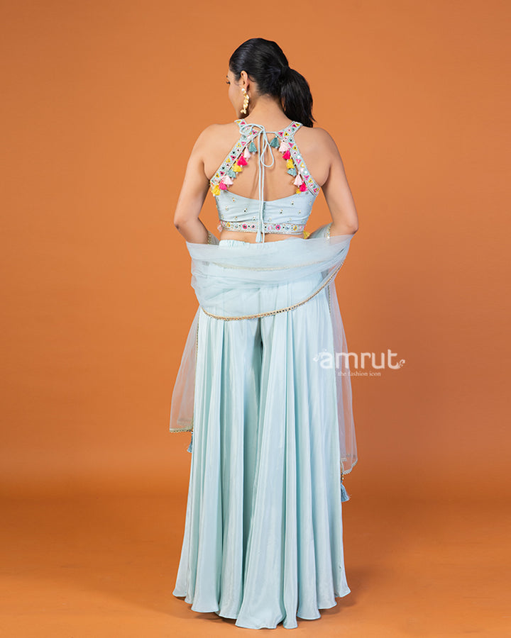 Powder Blue Palazzo with Embroidered Embellished Crop Top and Dupatta