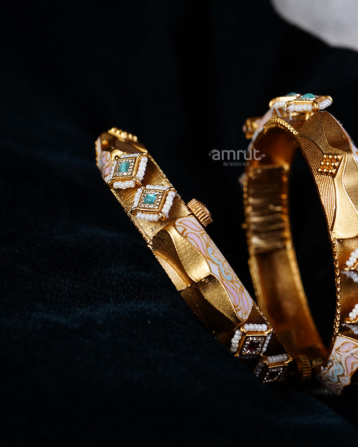 Gold Toned Bangle Set with Gemstones and Enamel Inlay