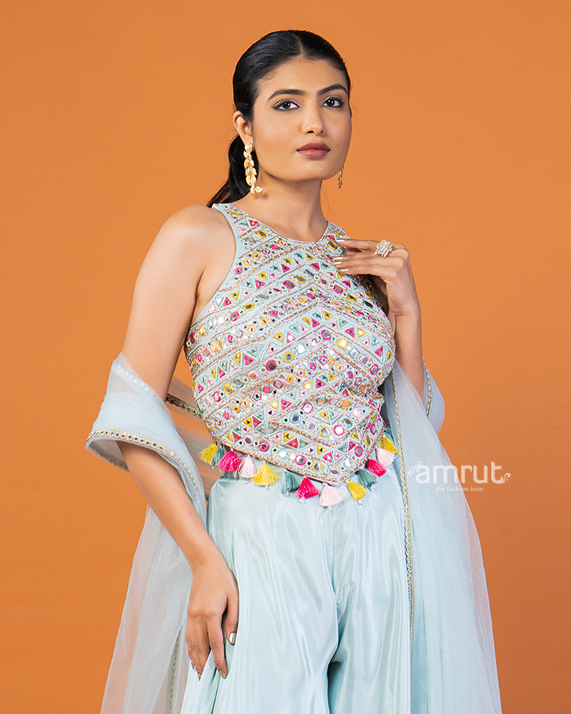 Powder Blue Palazzo with Embroidered Embellished Crop Top and Dupatta