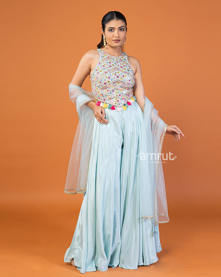 Powder Blue Palazzo with Embroidered Embellished Crop Top and Dupatta