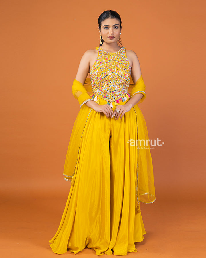 Yellow Palazzo with Embroidered Embellished Crop Top and Dupatta