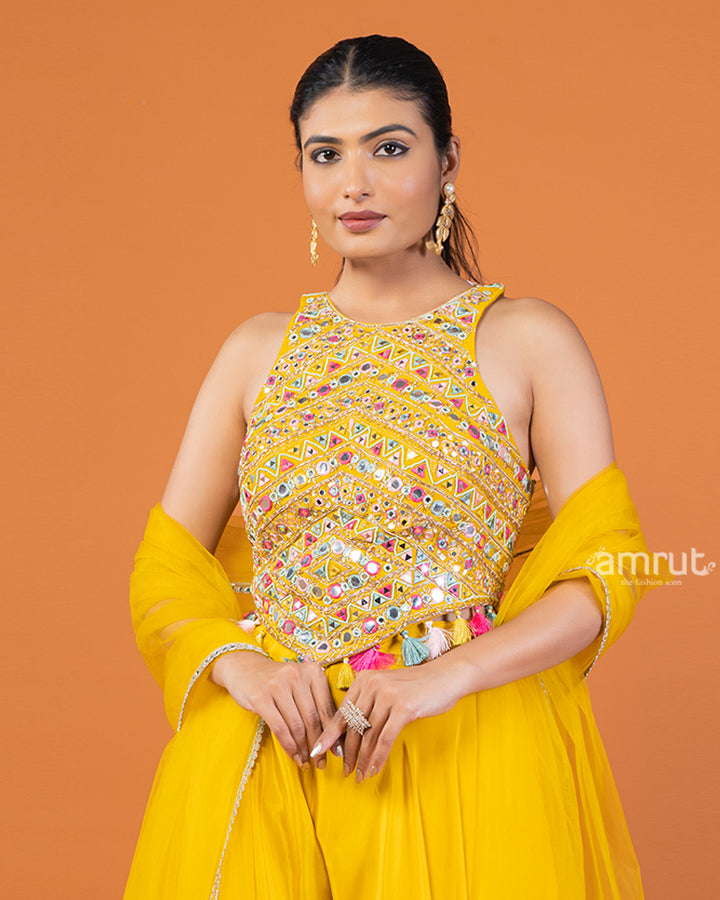 Yellow Palazzo with Embroidered Embellished Crop Top and Dupatta