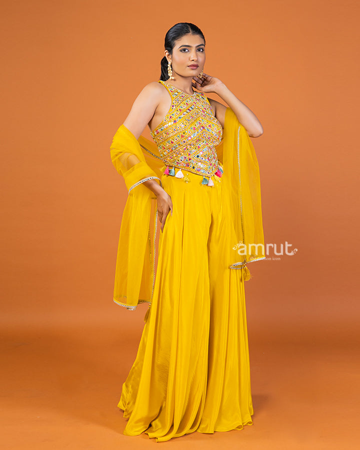 Yellow Palazzo with Embroidered Embellished Crop Top and Dupatta