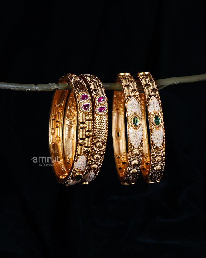 Purple, Pink, and Emerald Gemstone Accents Intricate Bangle Set