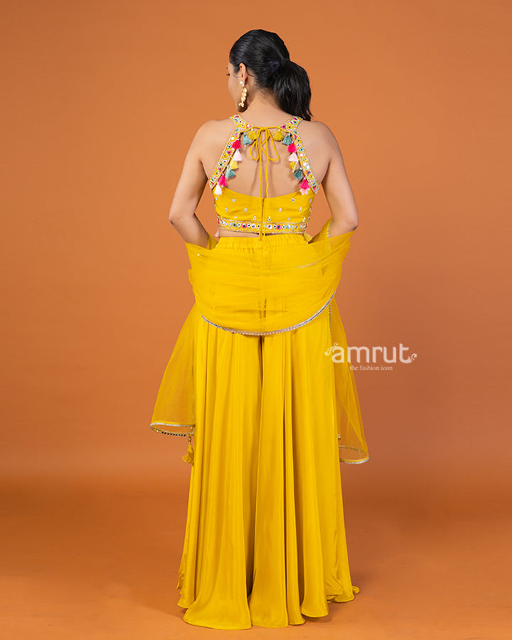 Yellow Palazzo with Embroidered Embellished Crop Top and Dupatta