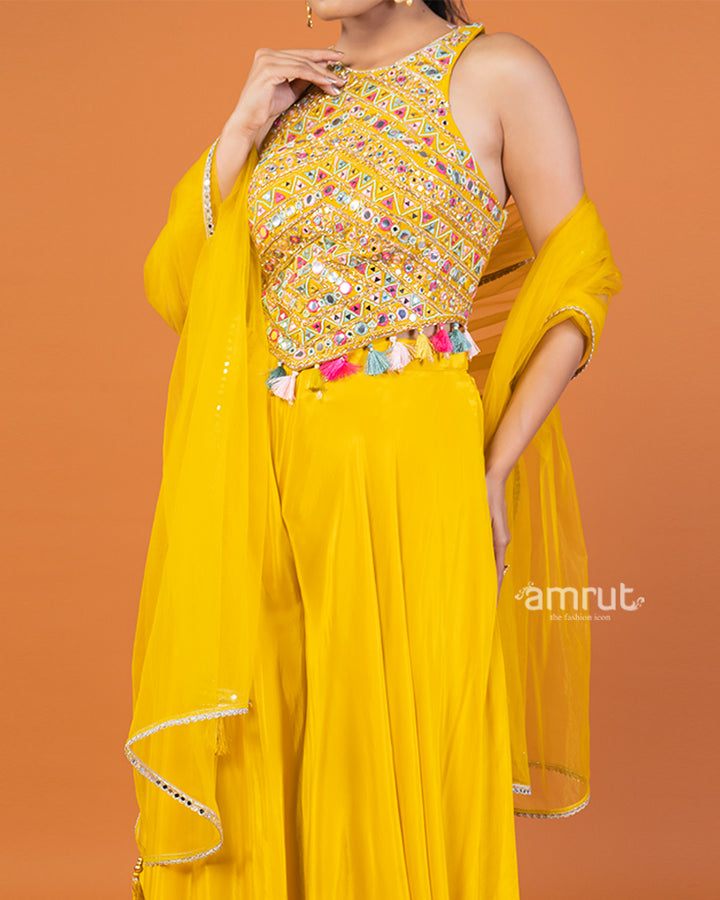 Yellow Palazzo with Embroidered Embellished Crop Top and Dupatta