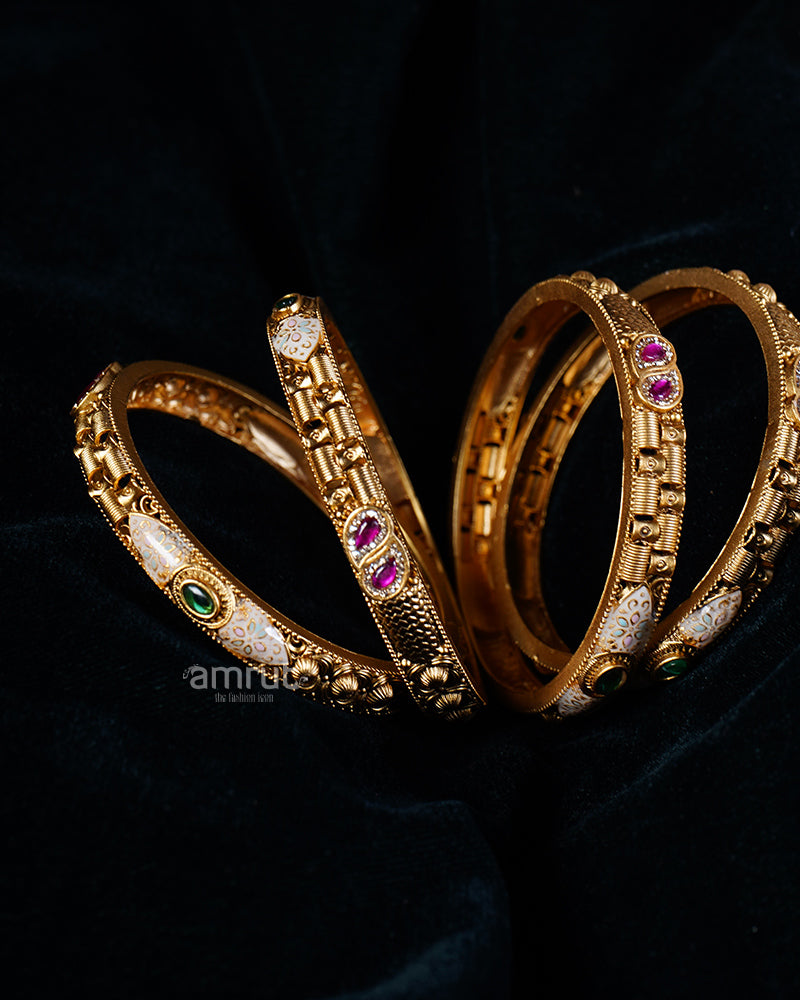 Purple, Pink, and Emerald Gemstone Accents Intricate Bangle Set