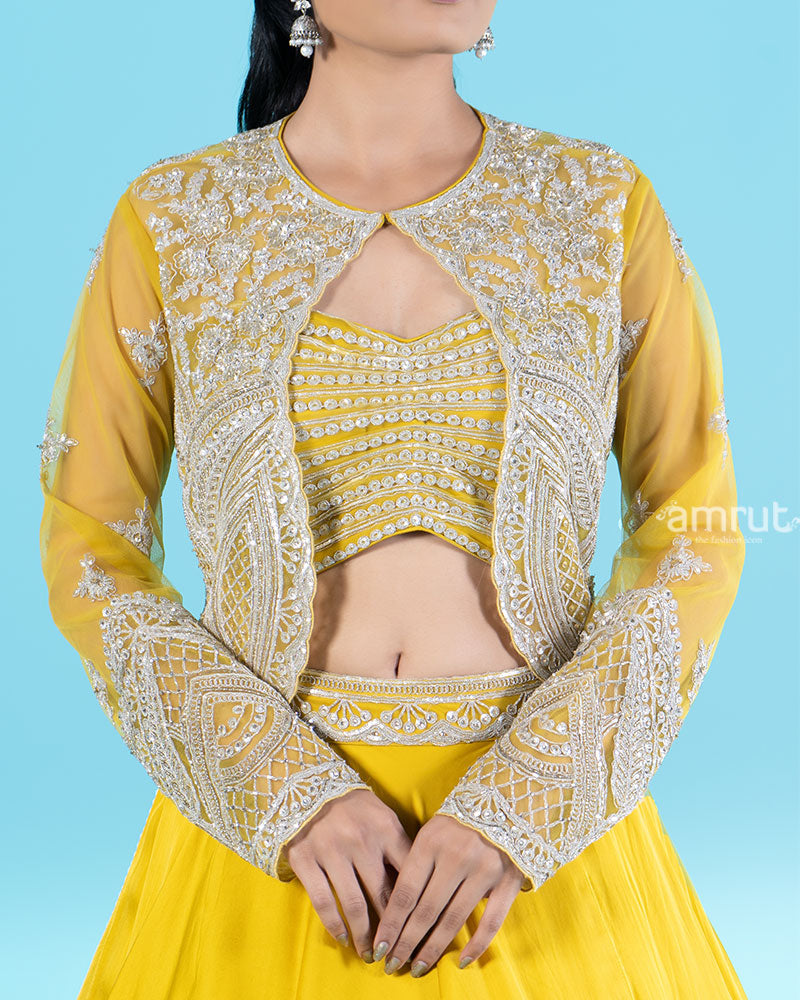 Yellow Embroidered Jacket with Crop Choli and Flared Lehenga