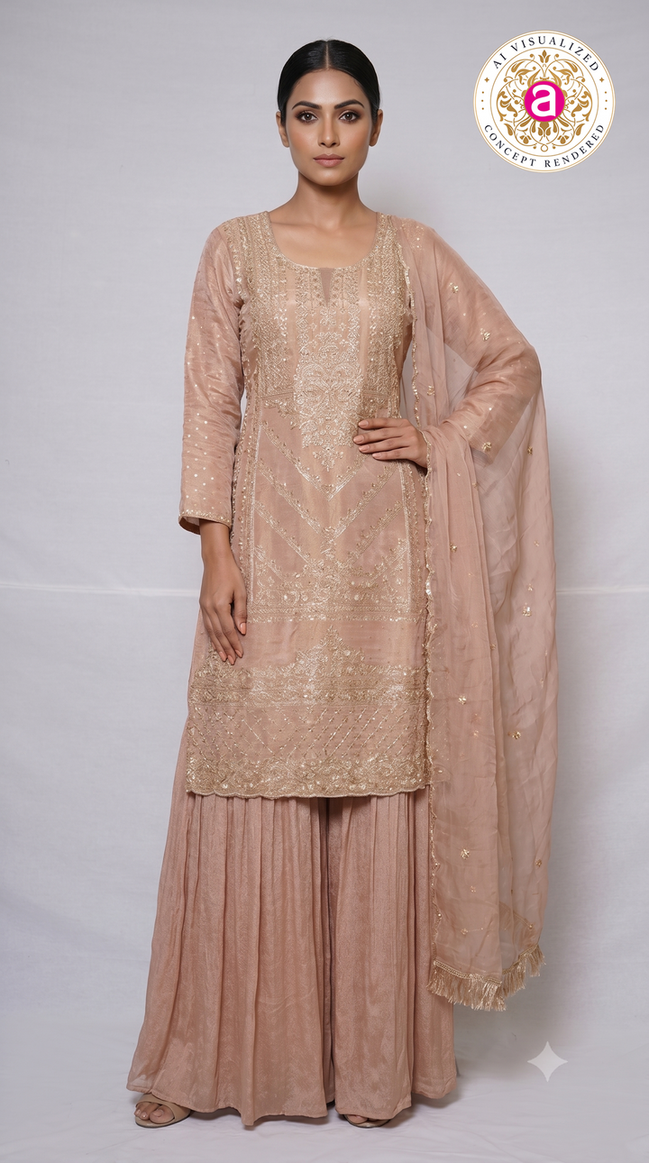 Blush Pink Embroidered Kurta Sharara Set with Dupatta