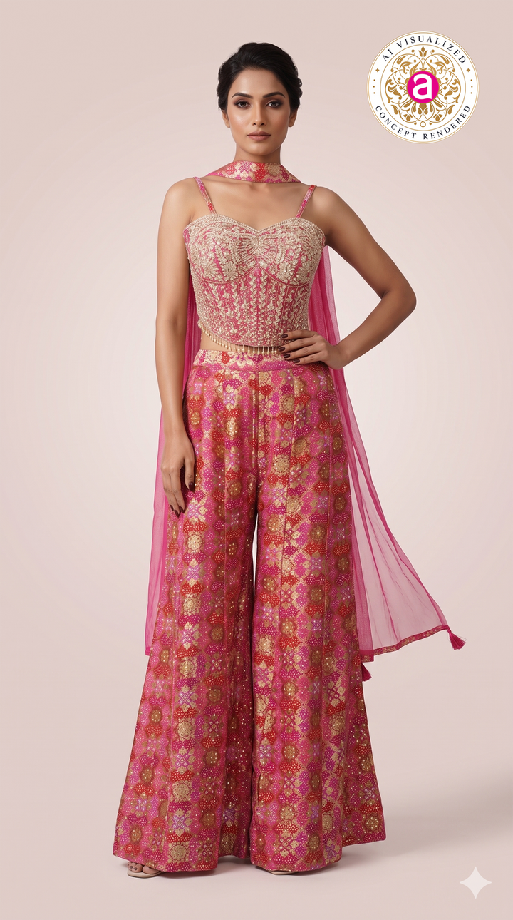 Rani Pink Printed Palazzo Set with Embroidered Corset Top